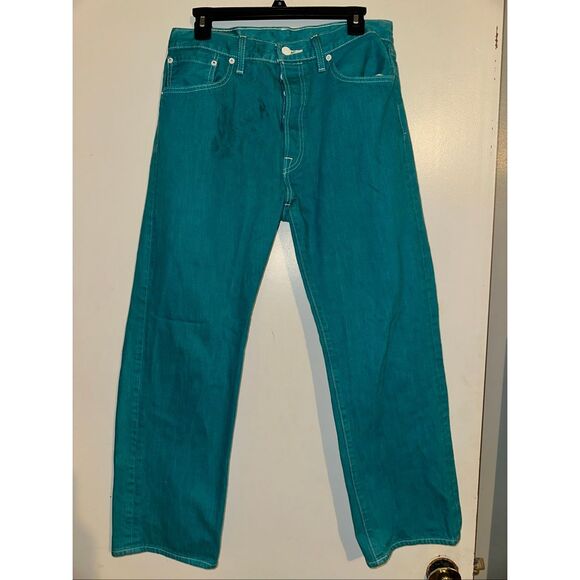 Levis 501 Button Fly Jeans Men's 34 x 26.5 Turquoise Teal relaxed Straight red t - Picture 2 of 8